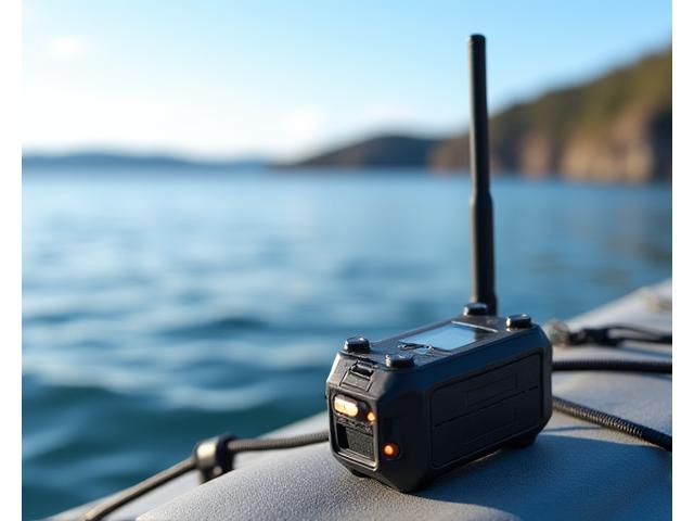 Close-up of a rugged, waterproof satellite communicator with an antenna extended, active on a kayak deck